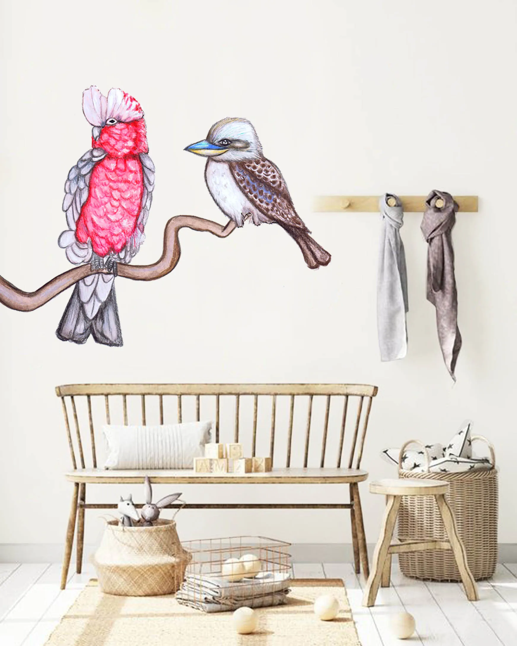 Australian Birds Australian Design Hand Painted Peel & Stick, Removable Wall Decal. Nursery, Kids Playroom, Kids Teens Bedroom
