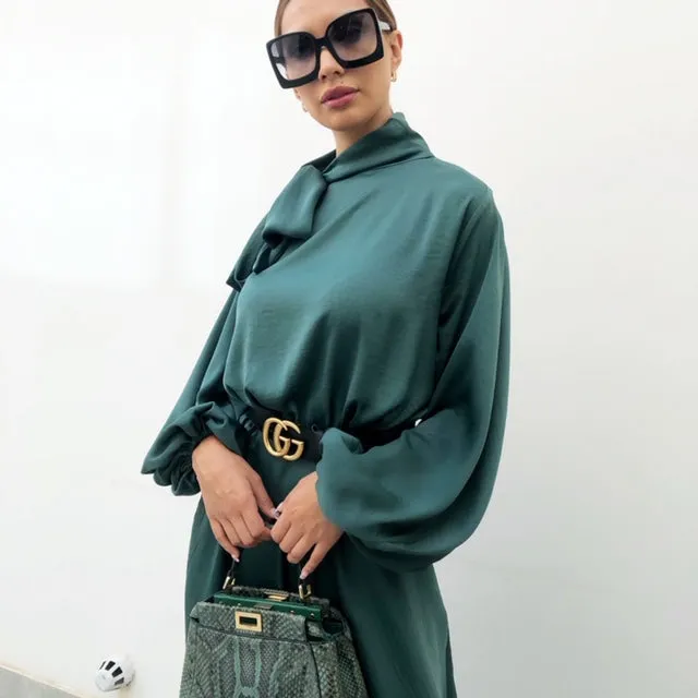 AW19 EMERALD GREEN BALLOON SLEEVE BELTED MAXI DRESS