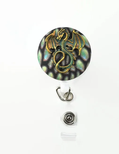 badge reel, green and gold dragon