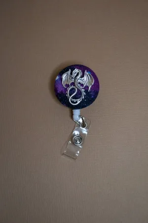 Badge reel, silver dragon on nebula fabric