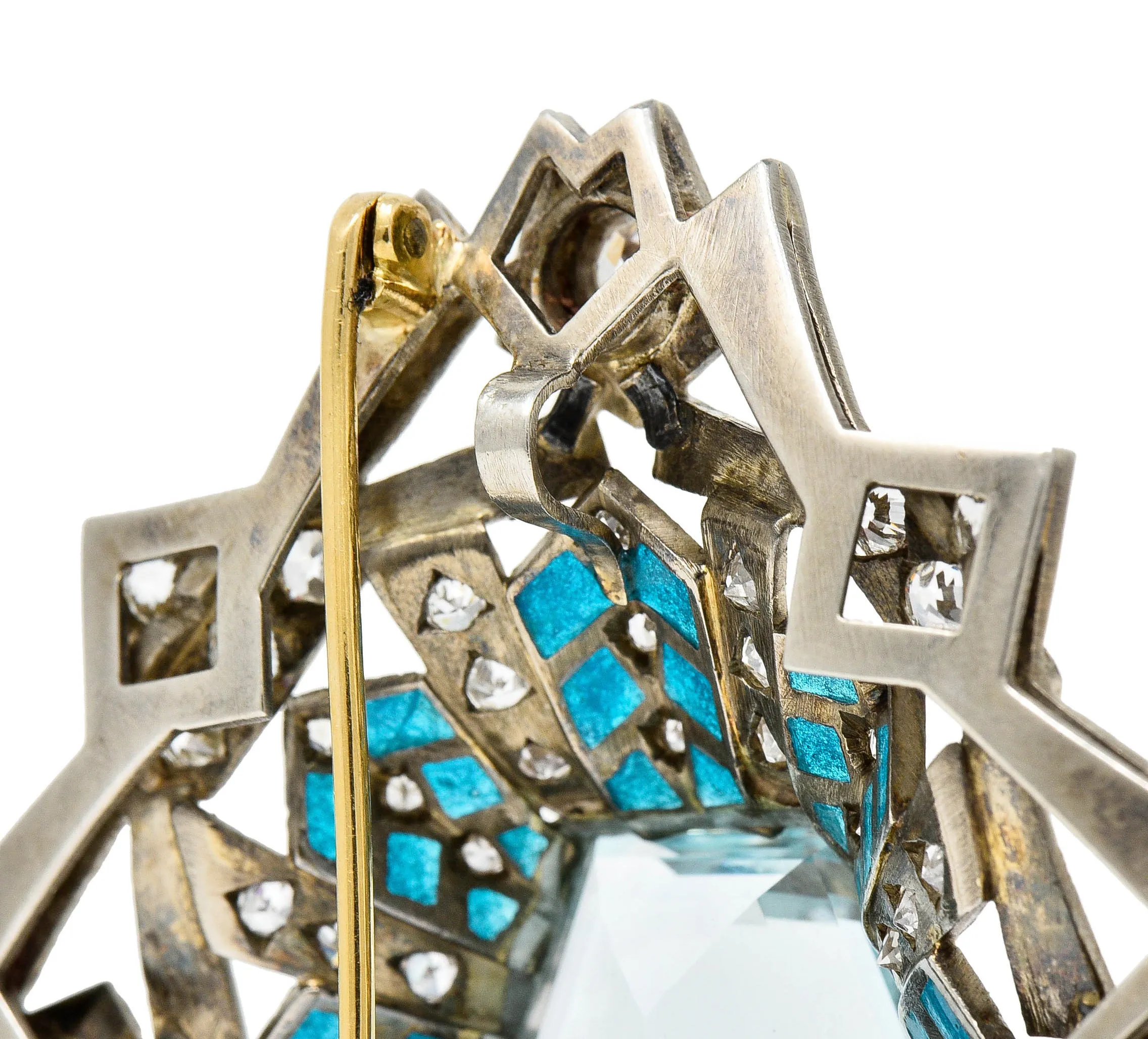 Barcelona 16.90 CTW Aquamarine Diamond Plique-A-Jour Enamel 14 Karat White Gold Brooch