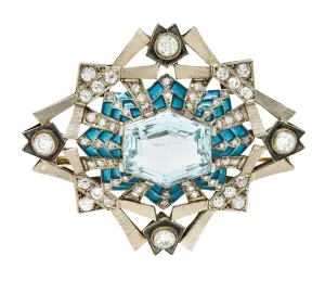 Barcelona 16.90 CTW Aquamarine Diamond Plique-A-Jour Enamel 14 Karat White Gold Brooch