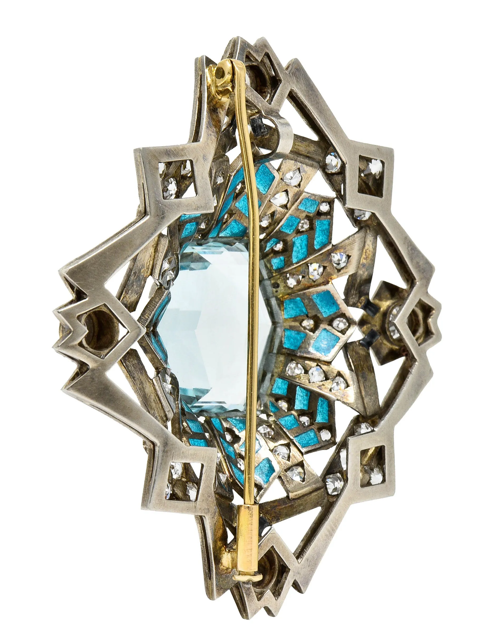 Barcelona 16.90 CTW Aquamarine Diamond Plique-A-Jour Enamel 14 Karat White Gold Brooch