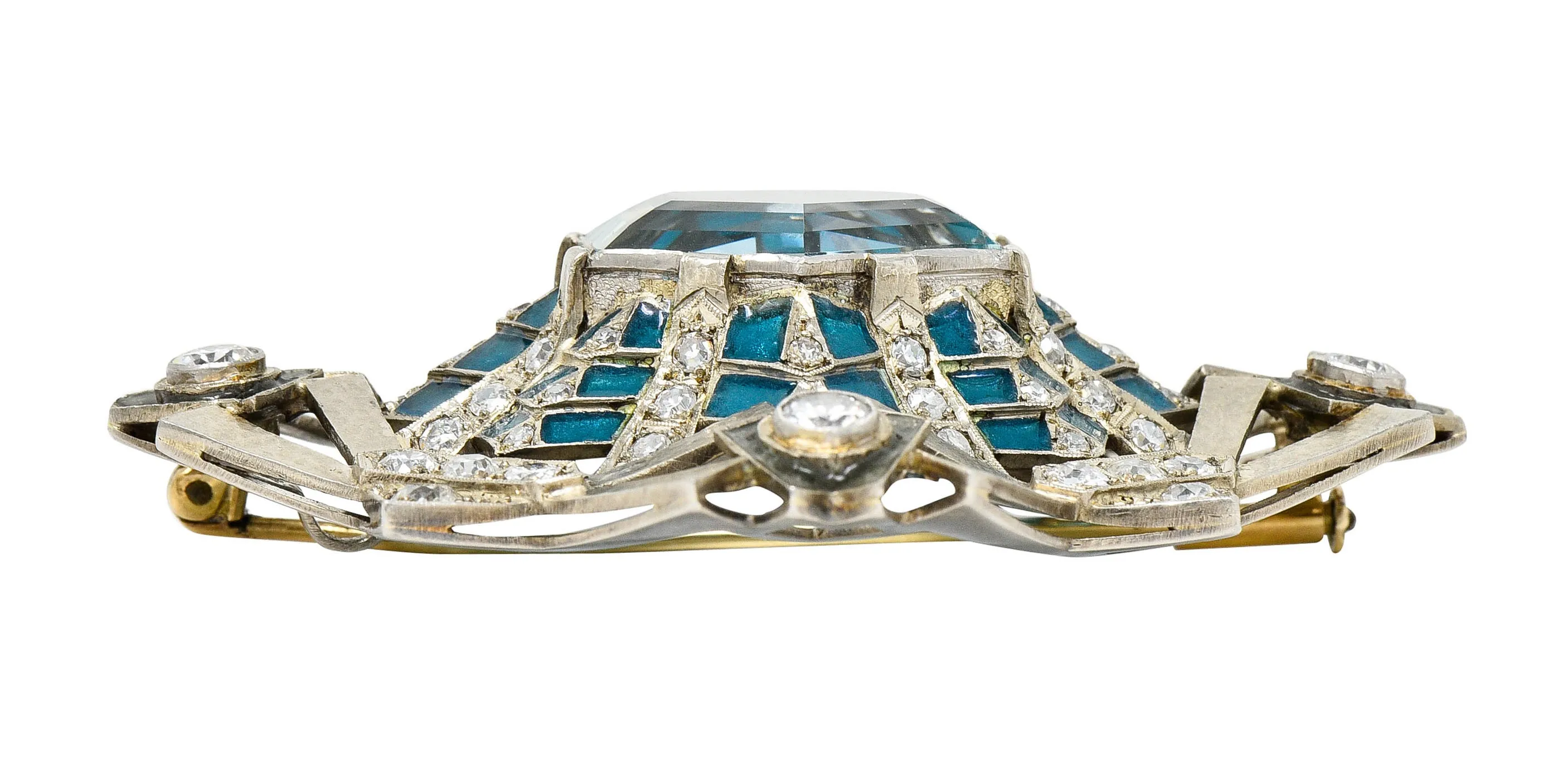 Barcelona 16.90 CTW Aquamarine Diamond Plique-A-Jour Enamel 14 Karat White Gold Brooch