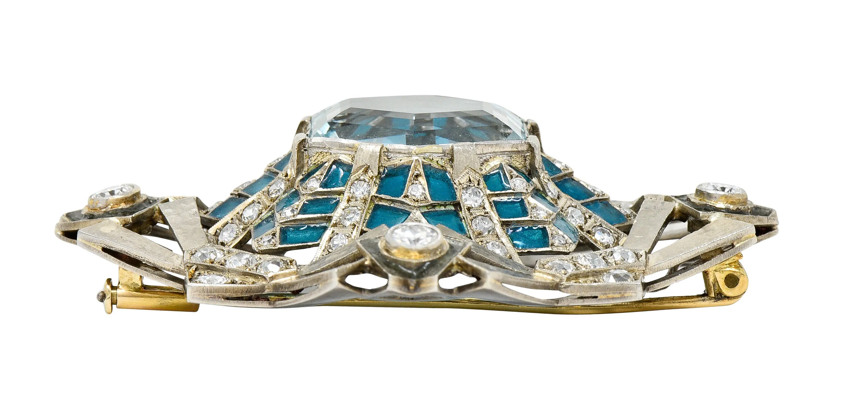 Barcelona 16.90 CTW Aquamarine Diamond Plique-A-Jour Enamel 14 Karat White Gold Brooch