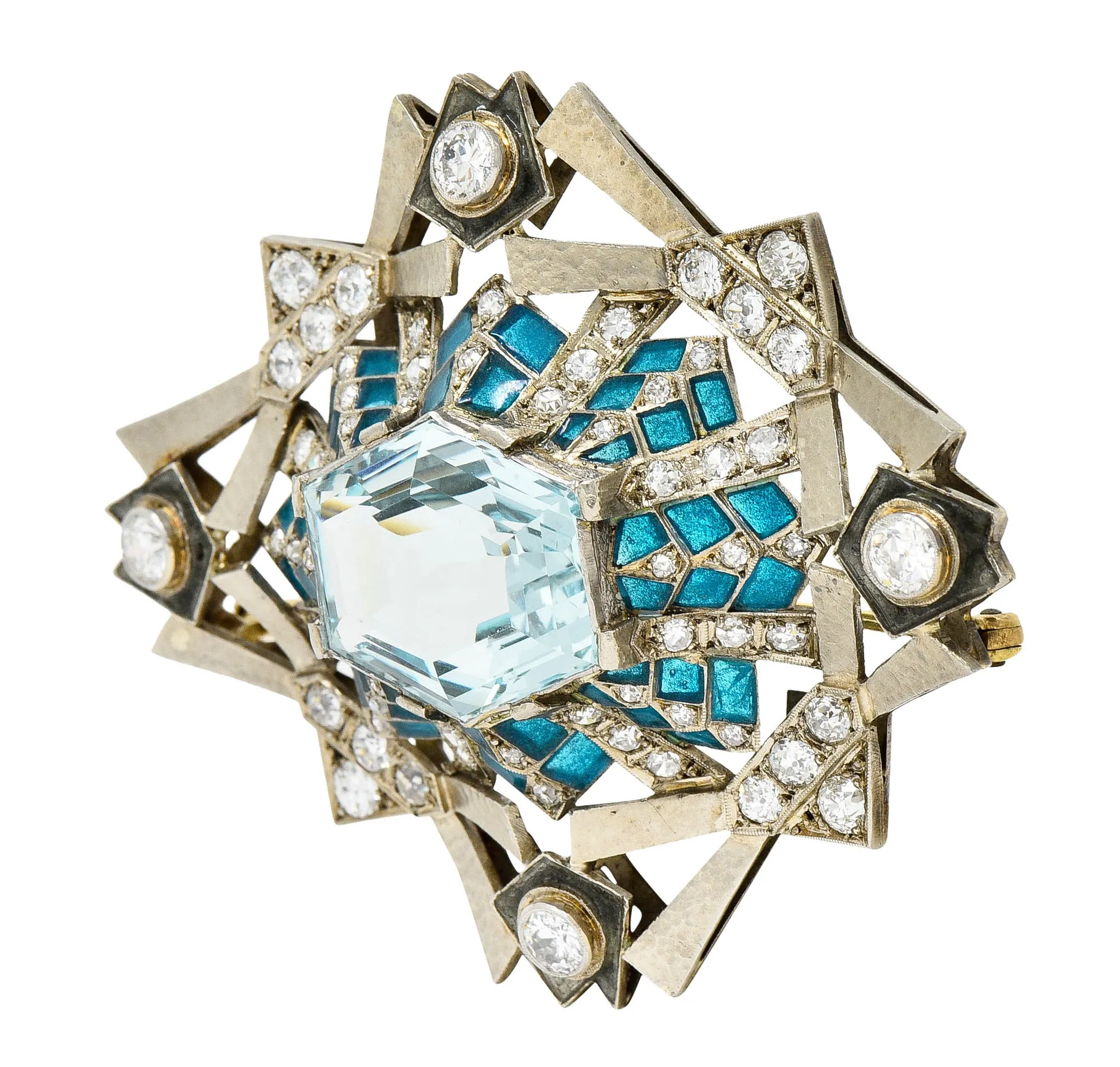 Barcelona 16.90 CTW Aquamarine Diamond Plique-A-Jour Enamel 14 Karat White Gold Brooch