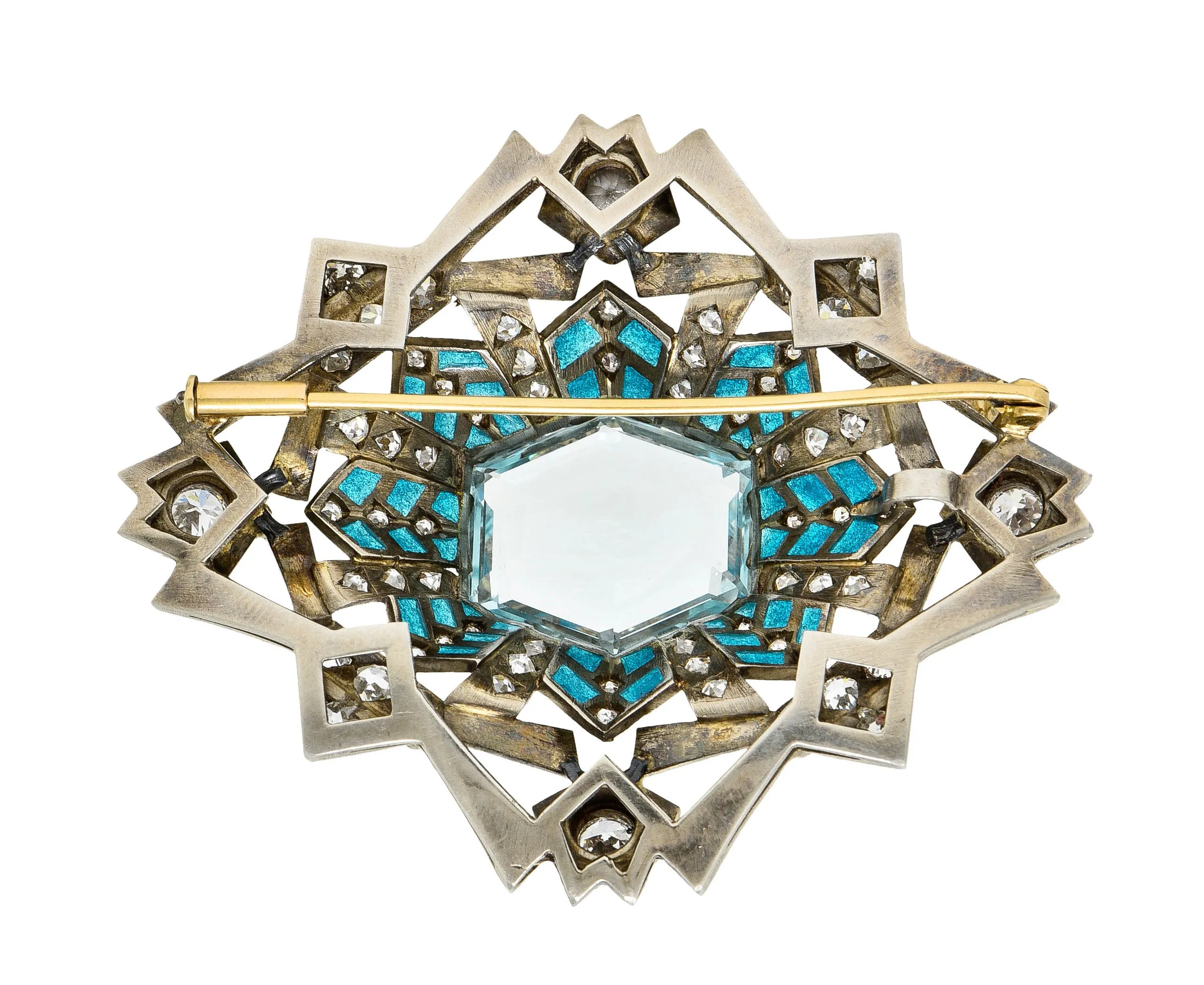 Barcelona 16.90 CTW Aquamarine Diamond Plique-A-Jour Enamel 14 Karat White Gold Brooch