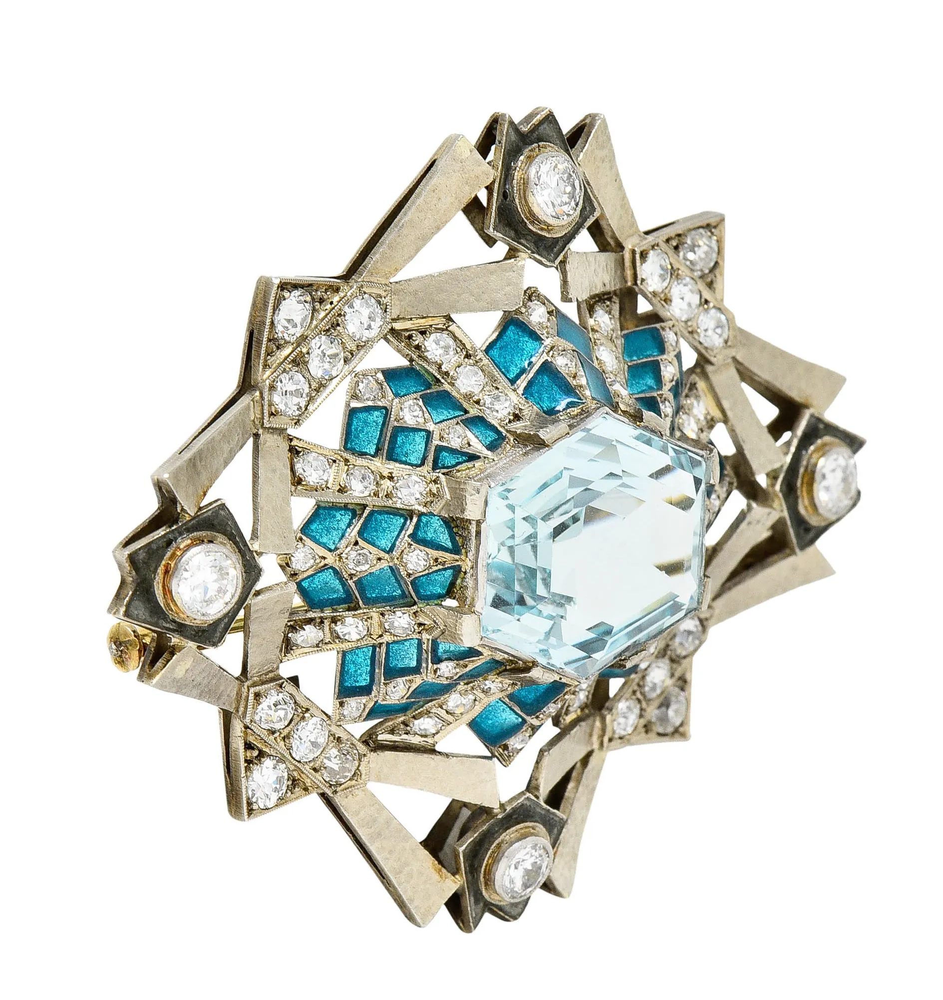 Barcelona 16.90 CTW Aquamarine Diamond Plique-A-Jour Enamel 14 Karat White Gold Brooch