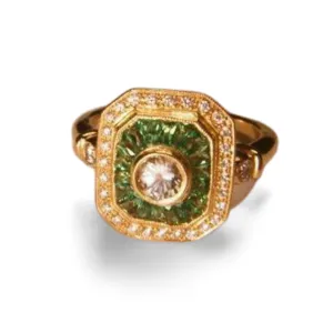Beautiful Art Deco 14K Yellow Gold French Cut Tsavorite Diamond Sapphire Mosaic Ring