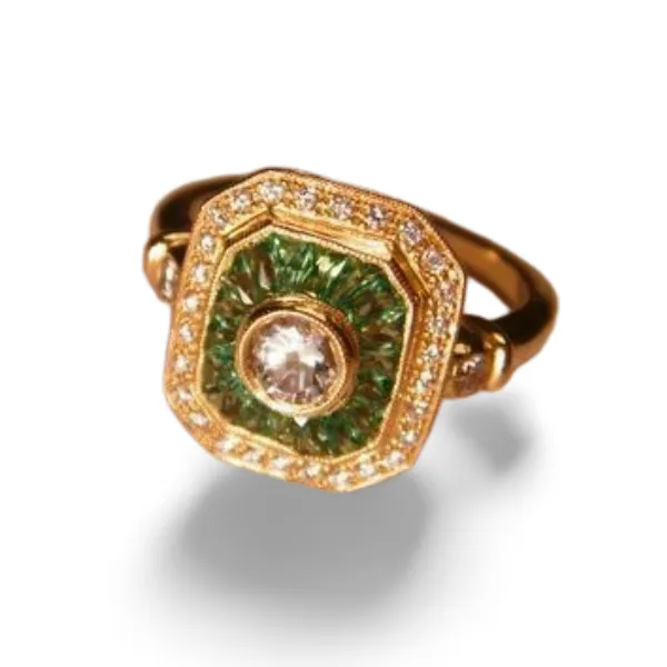 Beautiful Art Deco 14K Yellow Gold French Cut Tsavorite Diamond Sapphire Mosaic Ring