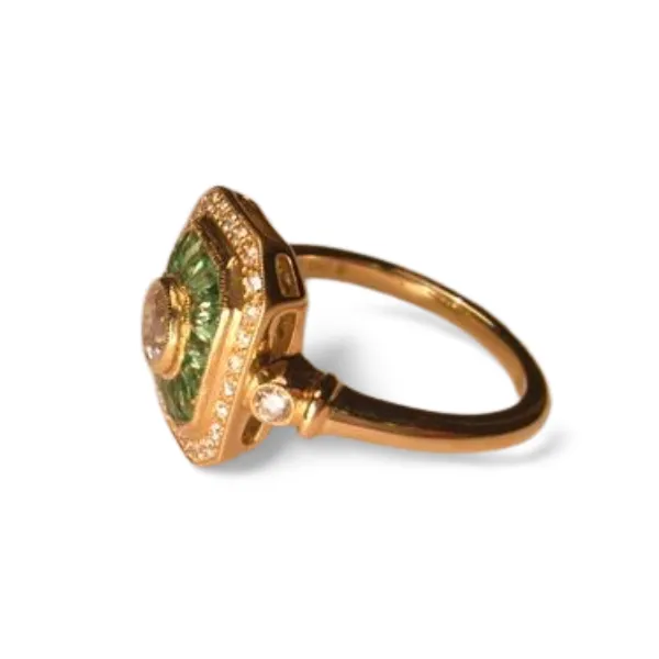 Beautiful Art Deco 14K Yellow Gold French Cut Tsavorite Diamond Sapphire Mosaic Ring