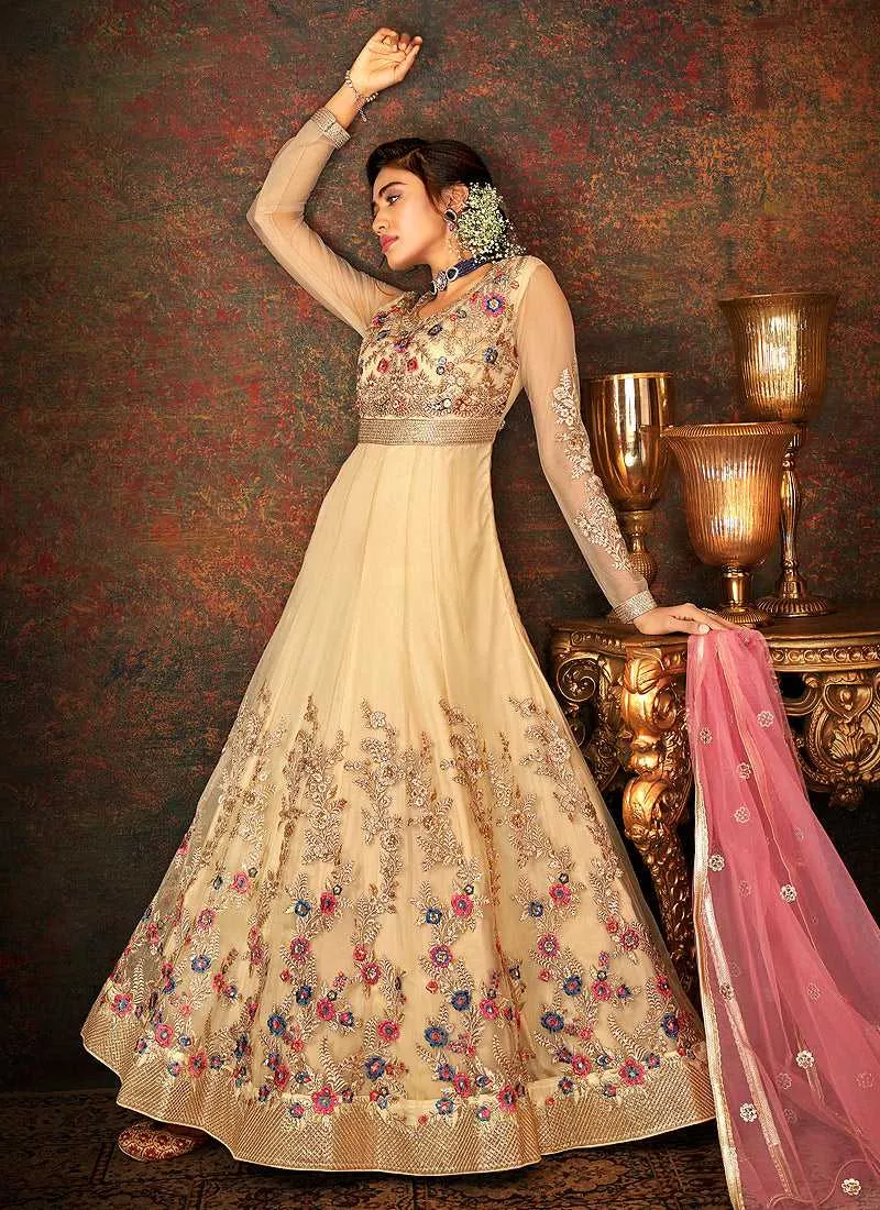Beige and Gold Floral Embroidered Kalidar Anarkali