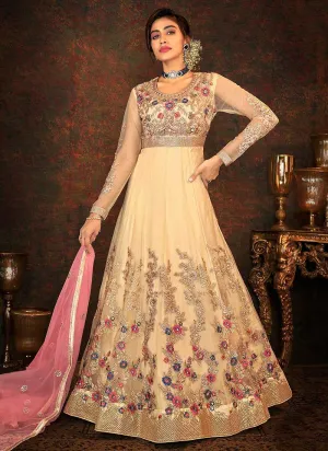 Beige and Gold Floral Embroidered Kalidar Anarkali