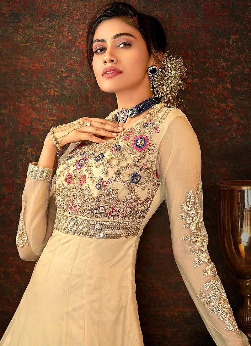 Beige and Gold Floral Embroidered Kalidar Anarkali