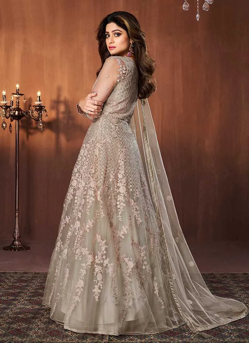Beige Floral Embroidered Kalidar Anarkali Suit
