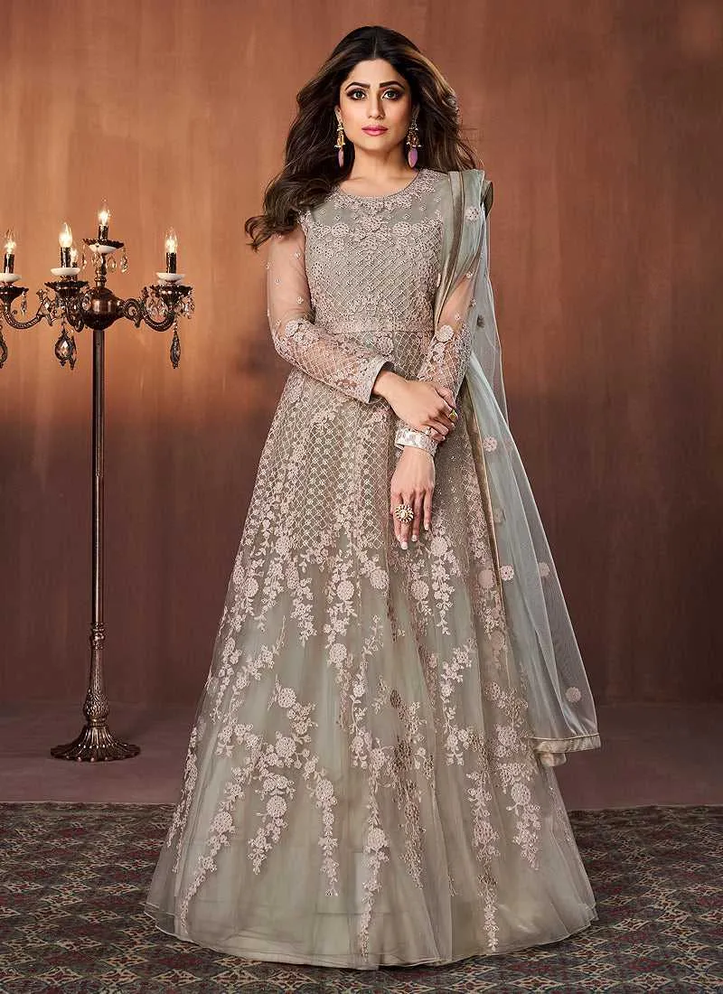 Beige Floral Embroidered Kalidar Anarkali Suit
