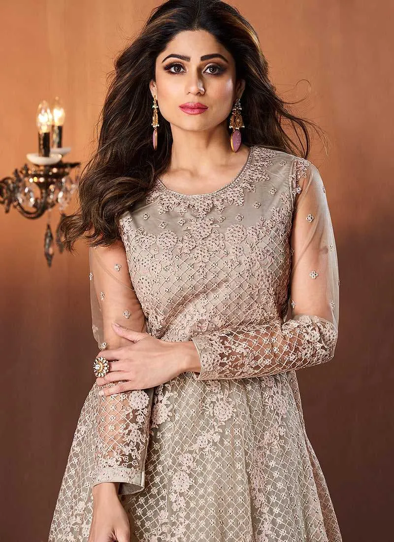 Beige Floral Embroidered Kalidar Anarkali Suit