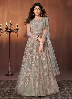 Beige Floral Embroidered Kalidar Anarkali Suit