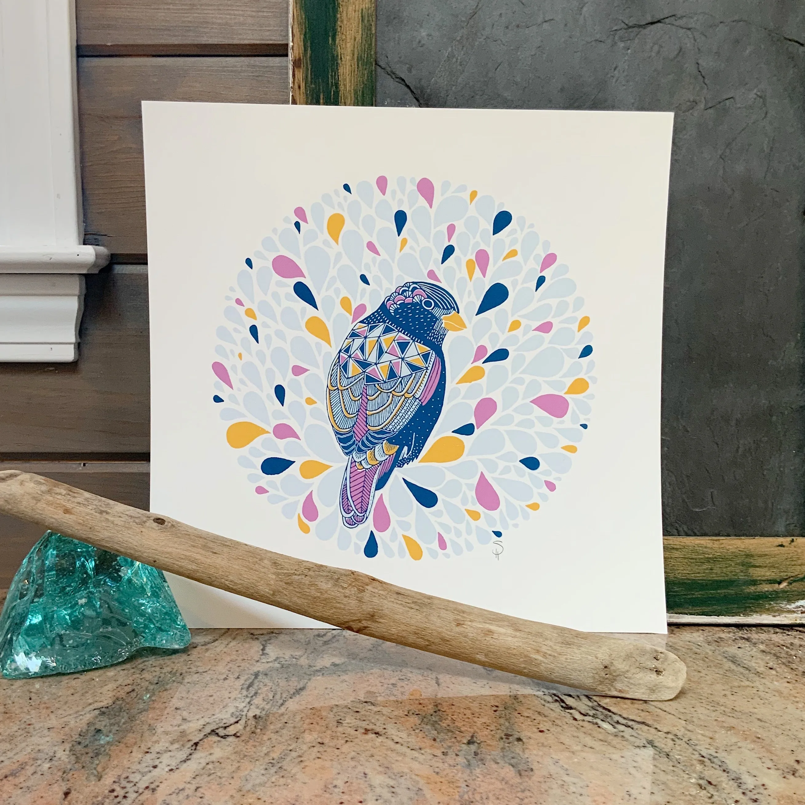 bird art print, colorful bird art, bird nerd art print, folk art bird print