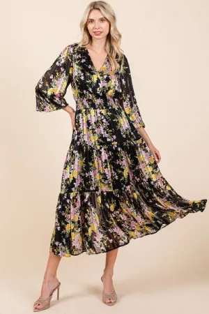 Black Flower Print Satin Lurex Stripe Smocked Midi Dress