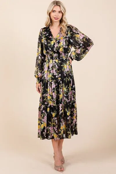 Black Flower Print Satin Lurex Stripe Smocked Midi Dress