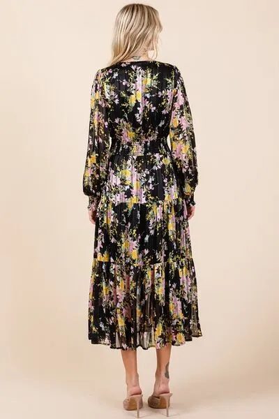 Black Flower Print Satin Lurex Stripe Smocked Midi Dress