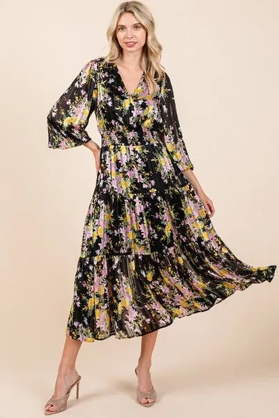 Black Flower Print Satin Lurex Stripe Smocked Midi Dress