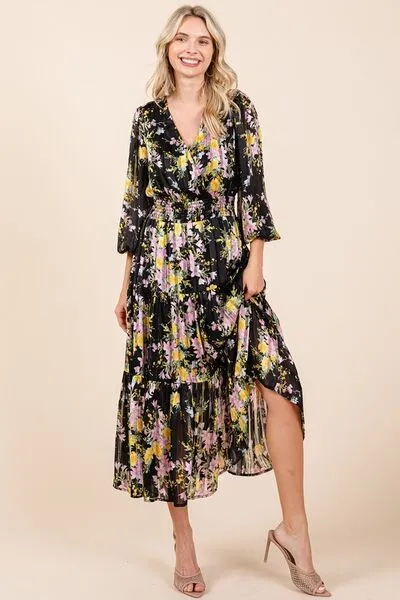 Black Flower Print Satin Lurex Stripe Smocked Midi Dress