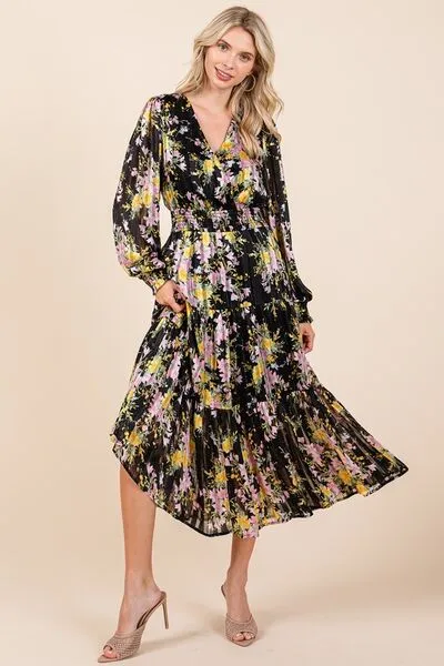 Black Flower Print Satin Lurex Stripe Smocked Midi Dress