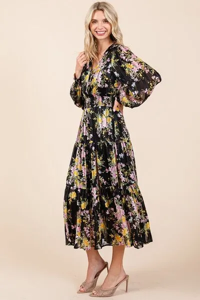 Black Flower Print Satin Lurex Stripe Smocked Midi Dress
