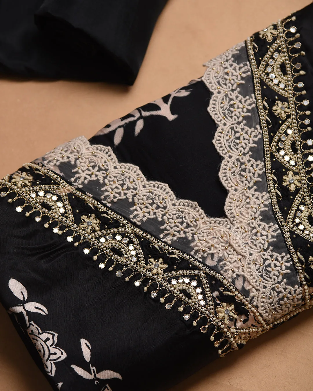 Black Satin Silk Blend Printed With Embroidery Unstitched Suit Fabric Set With Tissue Blend Woven Dupatta