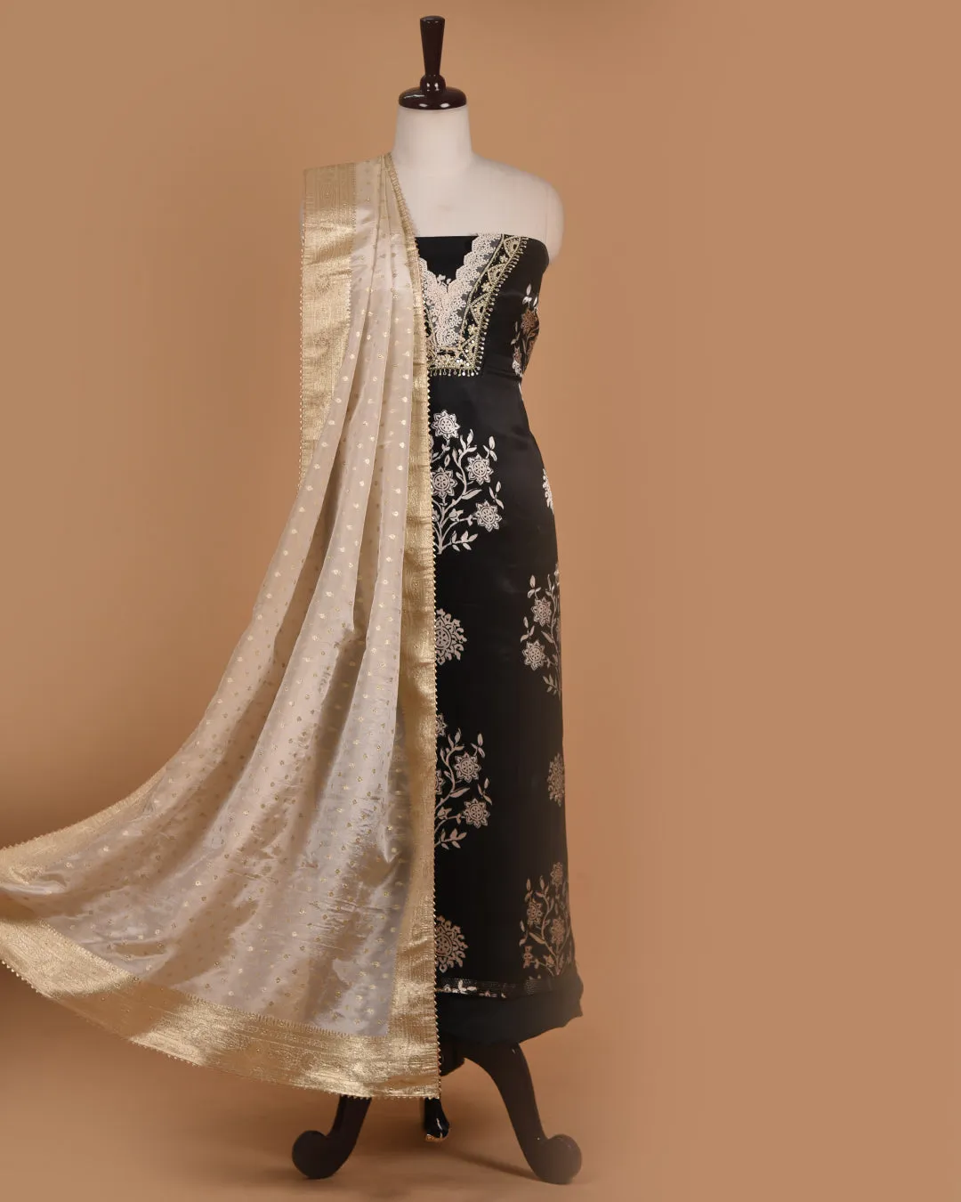 Black Satin Silk Blend Printed With Embroidery Unstitched Suit Fabric Set With Tissue Blend Woven Dupatta