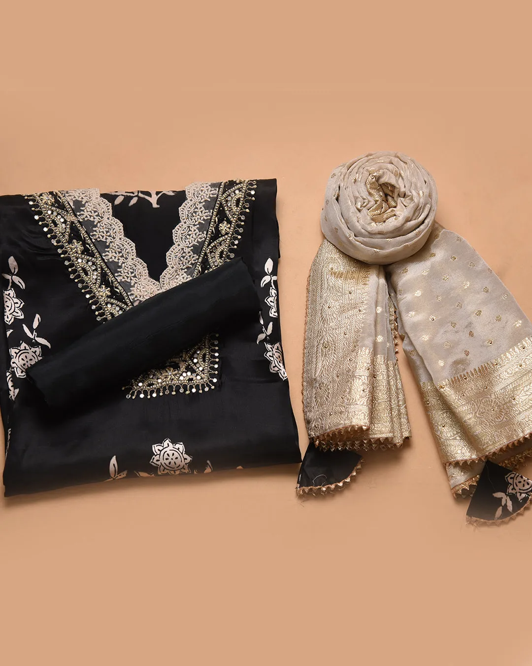 Black Satin Silk Blend Printed With Embroidery Unstitched Suit Fabric Set With Tissue Blend Woven Dupatta