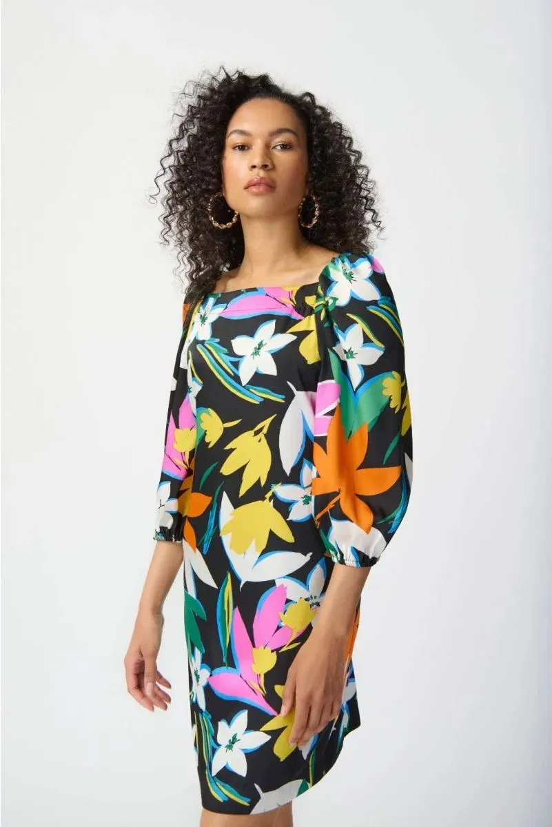Black/Multi Floral Print Satin Dress Style 241251