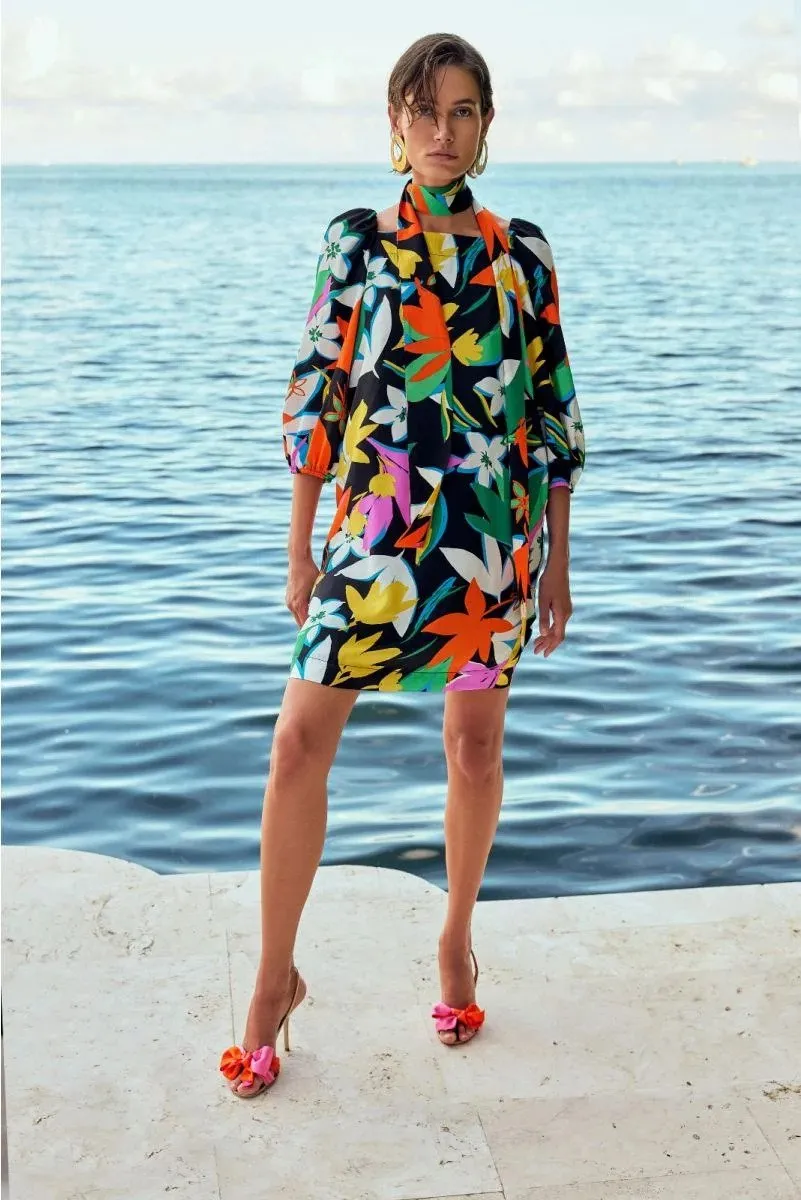 Black/Multi Floral Print Satin Dress Style 241251
