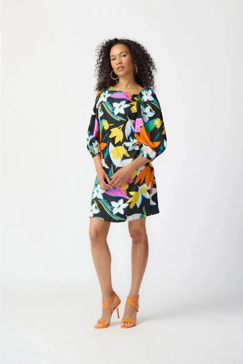 Black/Multi Floral Print Satin Dress Style 241251
