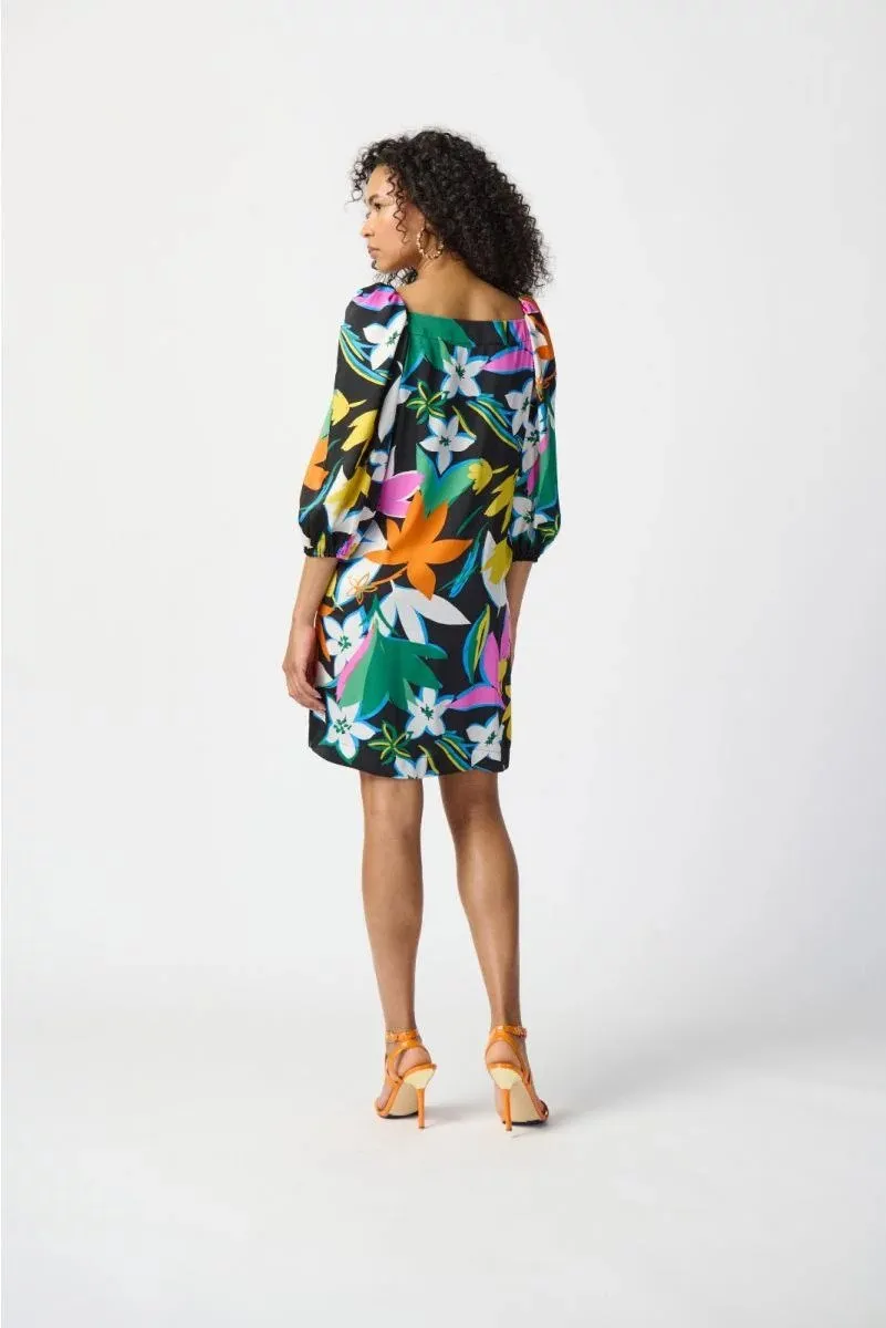Black/Multi Floral Print Satin Dress Style 241251