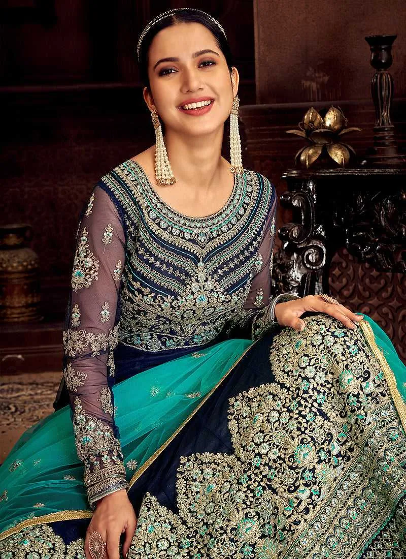 Blue and Gold Embroidered Kalidar Designer Anarkali Suit