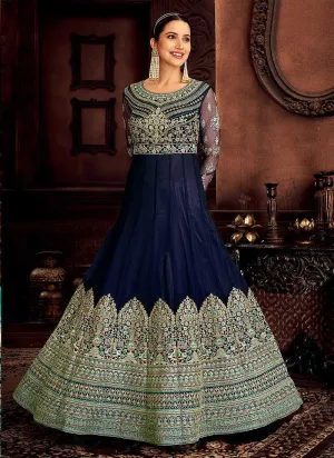 Blue and Gold Embroidered Kalidar Designer Anarkali Suit