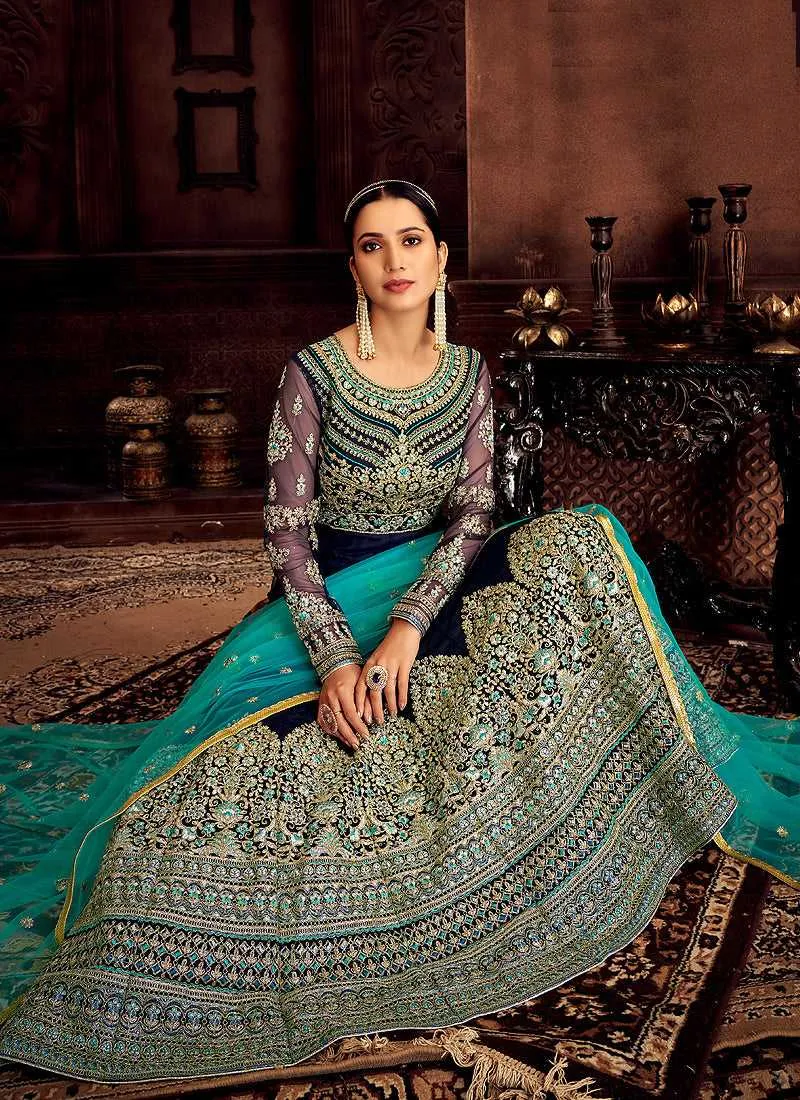 Blue and Gold Embroidered Kalidar Designer Anarkali Suit