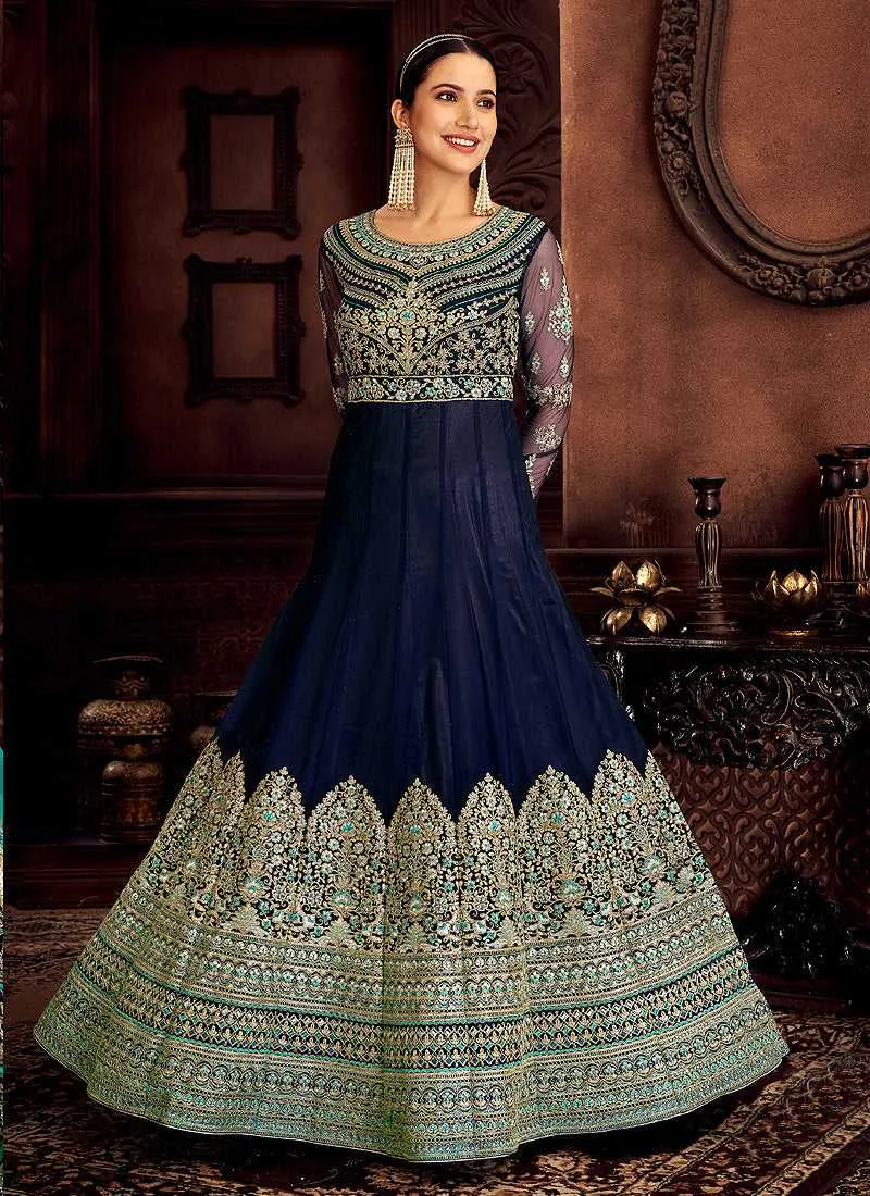 Blue and Gold Embroidered Kalidar Designer Anarkali Suit