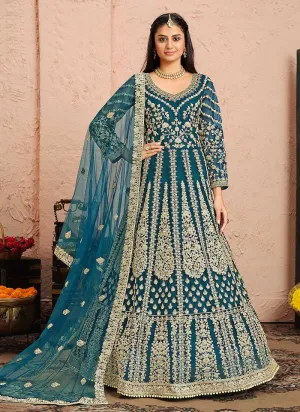 Blue and Gold Heavy Embroidered Kalidar Anarkali Suit