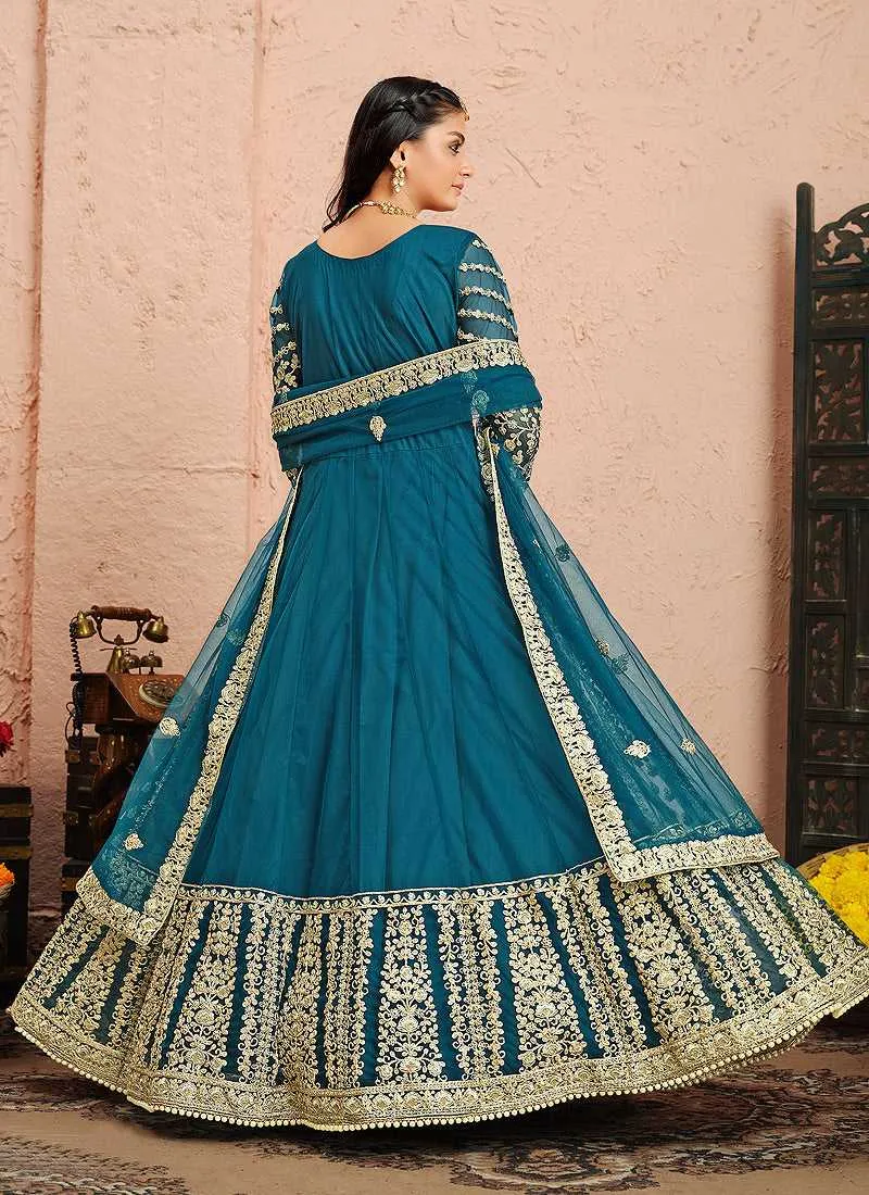 Blue and Gold Heavy Embroidered Kalidar Anarkali Suit