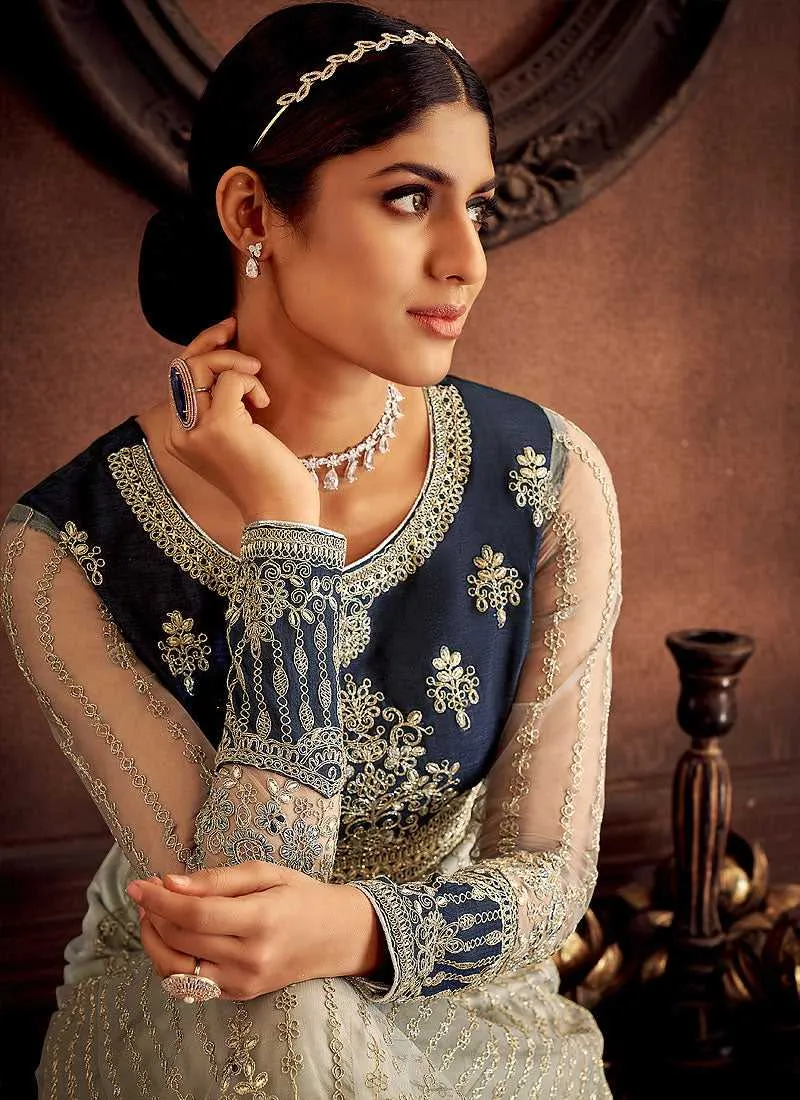 Blue and Grey Embroidered Kalidar Designer Anarkali Suit