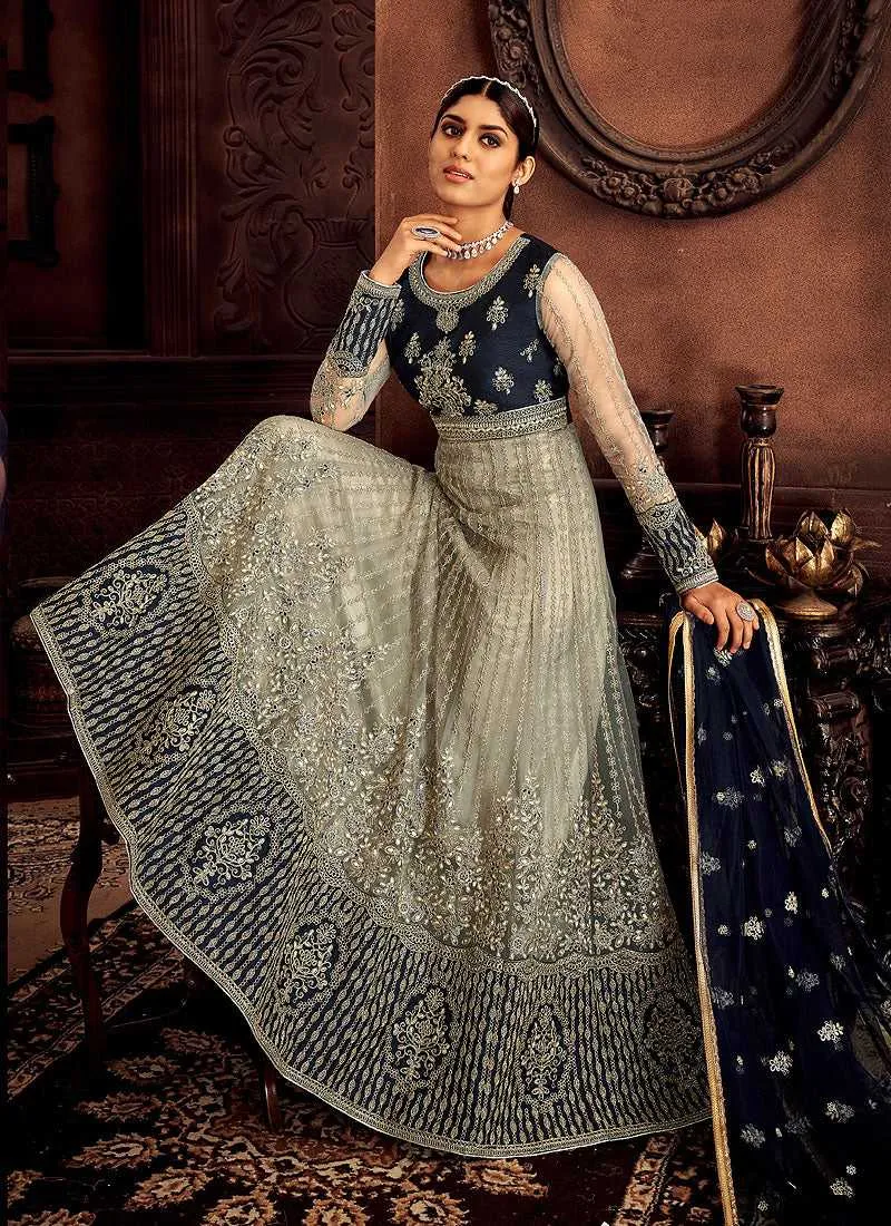 Blue and Grey Embroidered Kalidar Designer Anarkali Suit