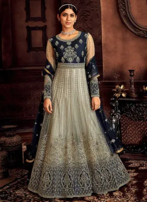Blue and Grey Embroidered Kalidar Designer Anarkali Suit