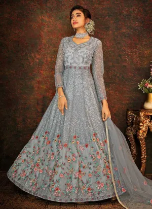 Blue and Grey Floral Embroidered Kalidar Anarkali