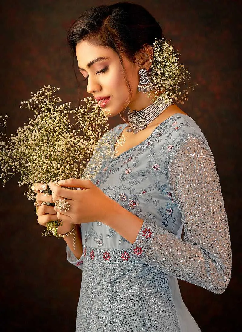 Blue and Grey Floral Embroidered Kalidar Anarkali