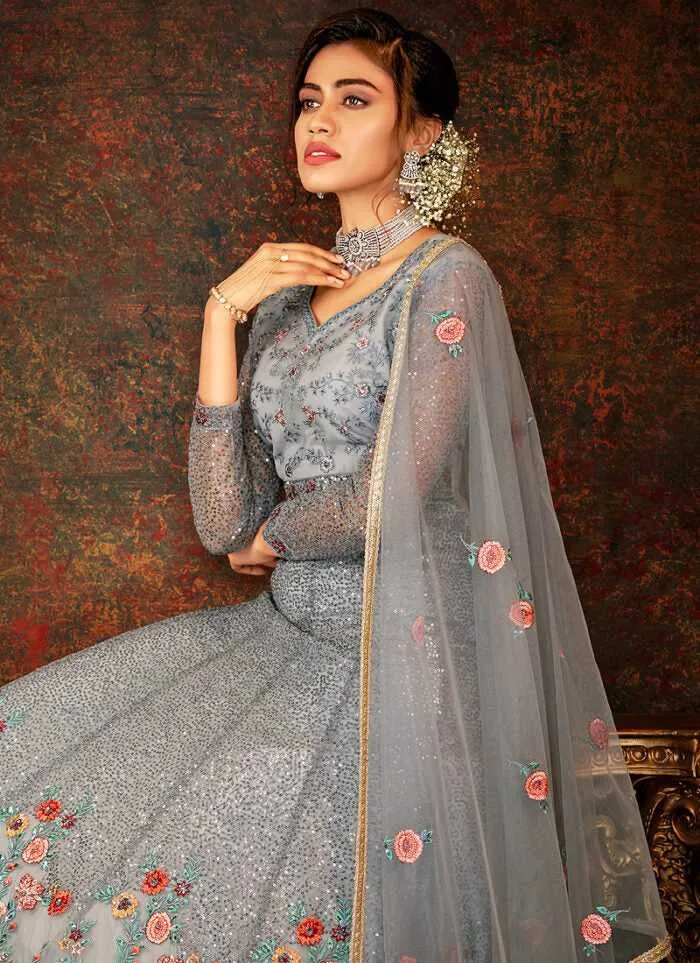 Blue and Grey Floral Embroidered Kalidar Anarkali