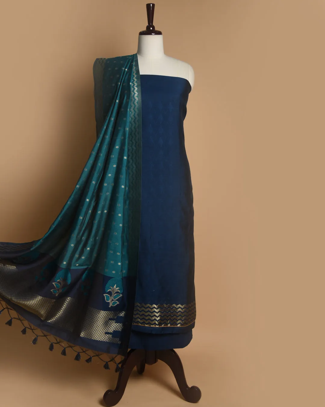 Blue Chanderi Silk Woven Unstitched Suit Fabric Set With Chanderi Silk Dupatta